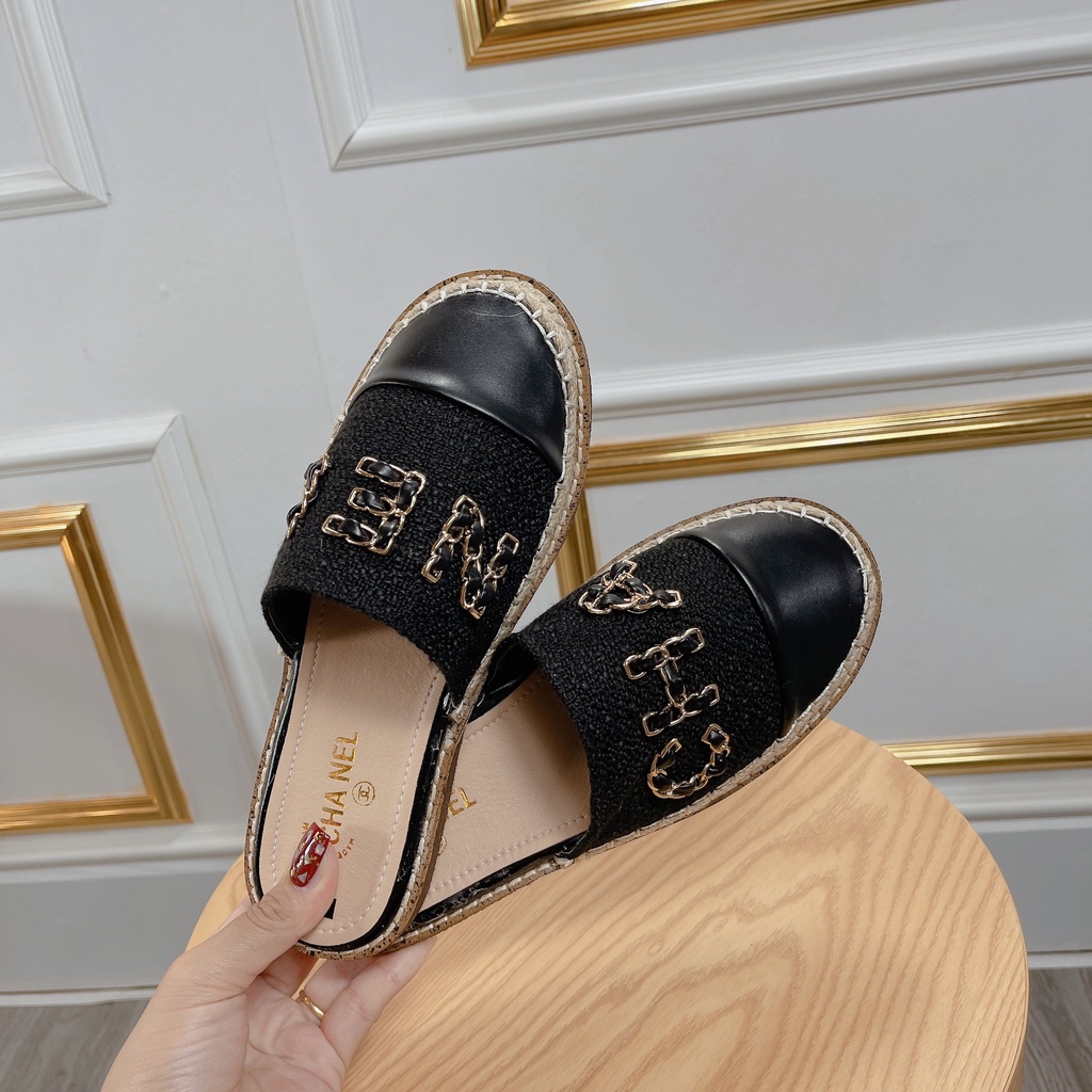 Giày sục cói hình chữ chanel đen nữ giày sục nữ mẫu mới