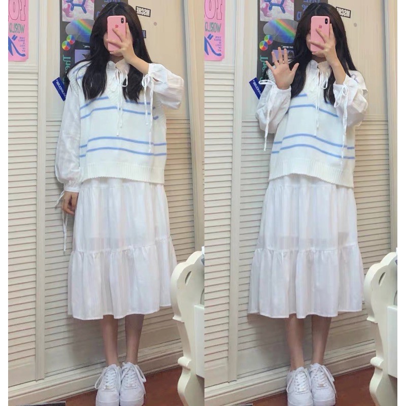 Set đầm + gile sọc xanh