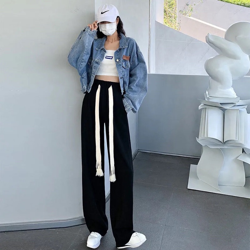 Quần Vải Ống Suông Nam Nữ Màu Đen Có Dây Rút Buộc Cạp Chun Phom Unisex Phong Cách Ulzzang Hàn Quốc Chất Mát Hot Trend
