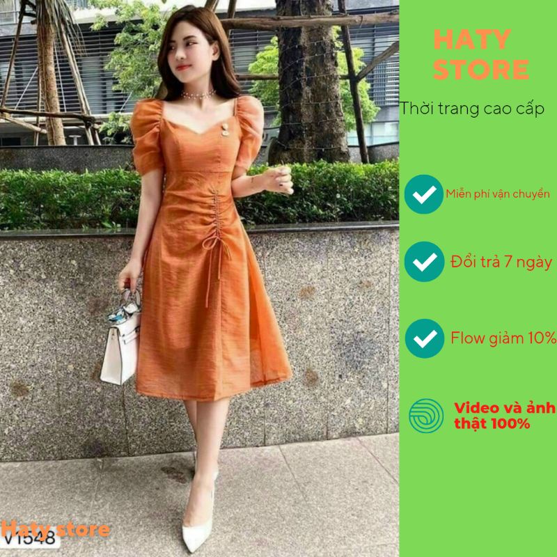 đầm Váy nữ dáng chữ A HT114 dài rút dây eo tay ngắn phối cổ tim cực xinh thiết kế haty shop