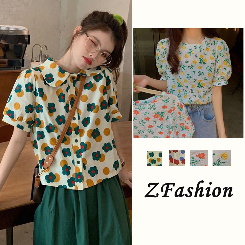Áo Sơ Mi Nữ Tay Ngắn In Hoa Thời Trang Hàn Quốc