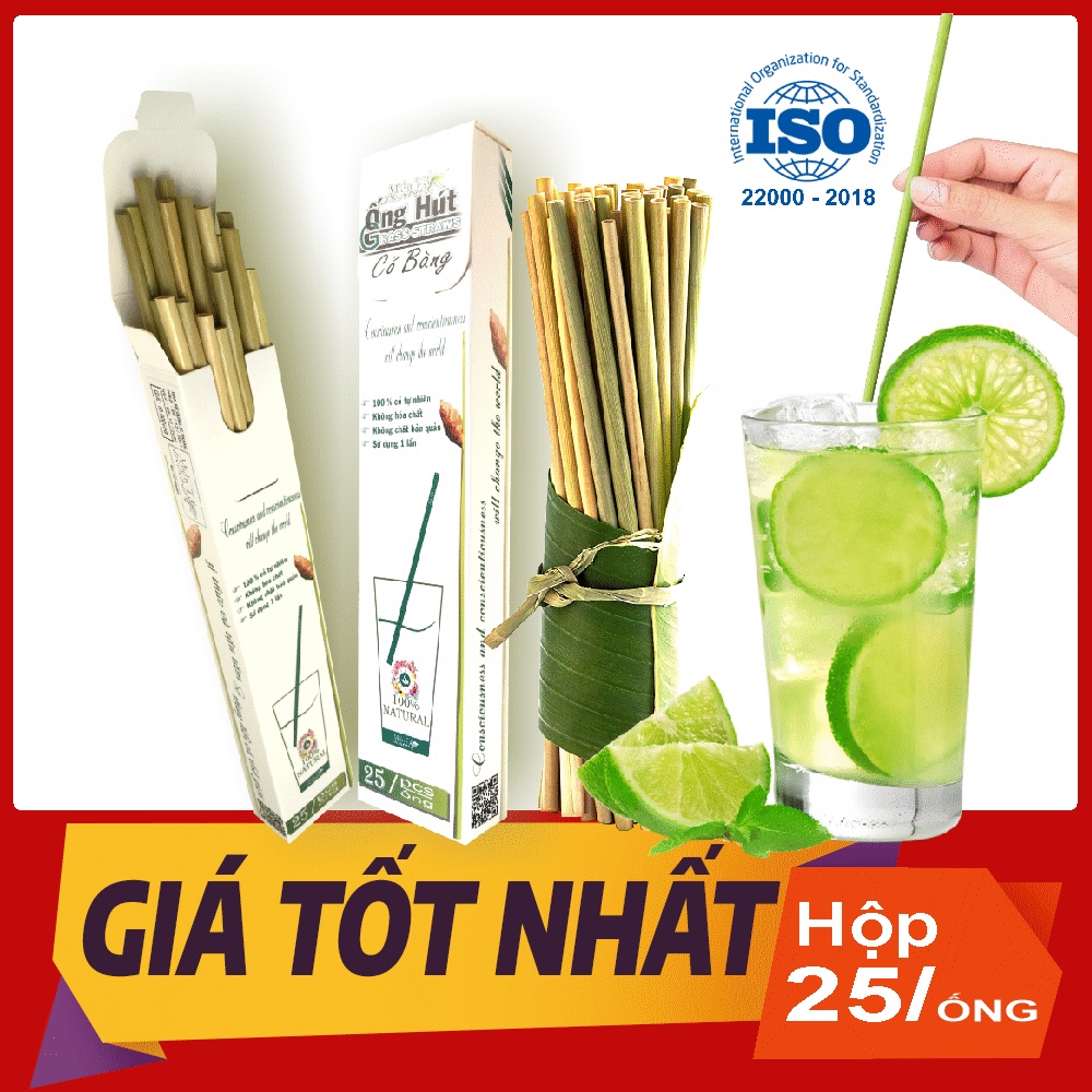 Hộp 25 ống hút cỏ bàng XUẤT KHẨU USA   MIỀN TÂY XANH - Chứng nhận FDA - ISO 22000-HACCP-OCOP