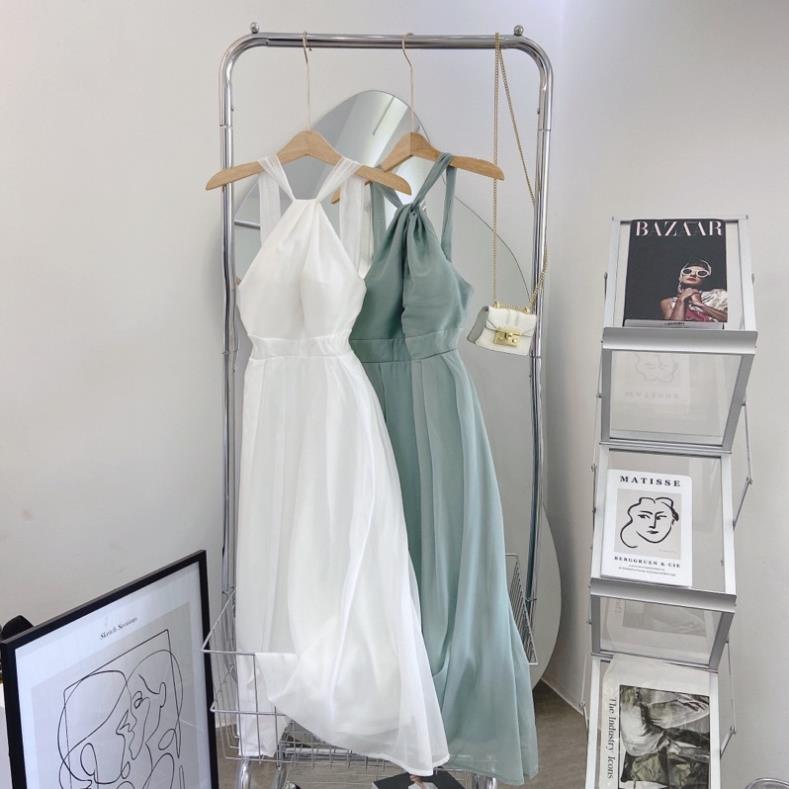 Đầm maxi cổ yếm xoắn ngực chit eo 2 màu