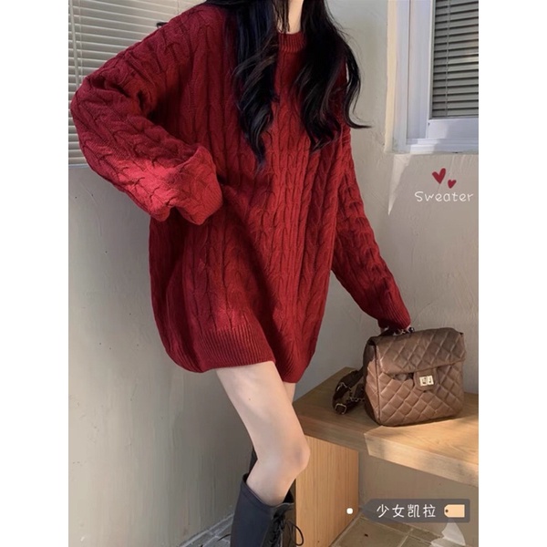 Áo len nữ đỏ vặn thừng dáng rộng oversize hot ulzzang