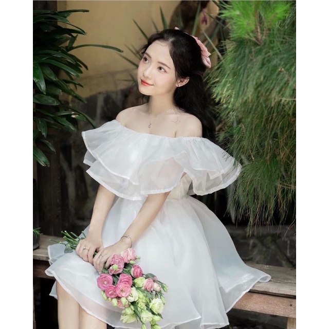 Váy voan tơ trễ vai bèo 2 tầng bồng bềnh có 4 màu