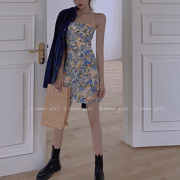Đầm hai dây ôm eo lưng cao in hoa kiểu Pháp | BigBuy360 - bigbuy360.vn