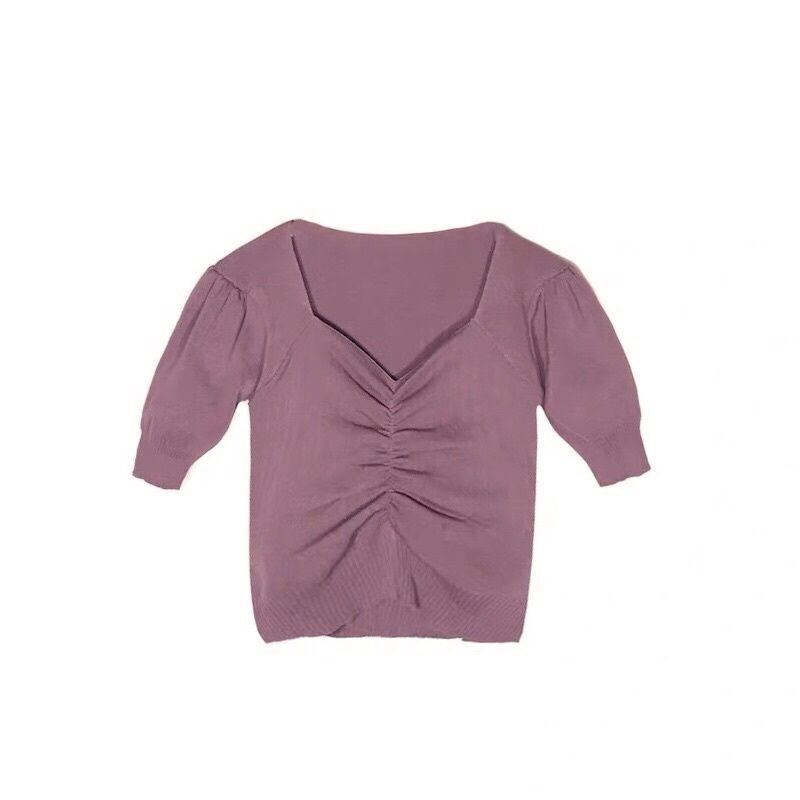 Áo Sweater Tay Phồng Cổ Chữ V Phong Cách Hàn Quốc Thời Trang Mùa Hè Mới 2022