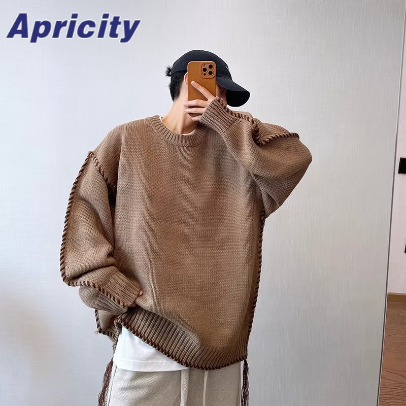 Apricity Áo Khoác sweater Dệt Kim Dáng Rộng Màu Nâu Phong Cách retro Thời Trang Thu Đông Cho Nam