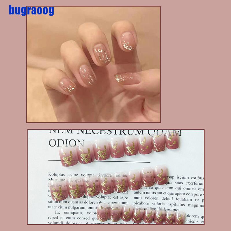 【bug】24 Pcs Gradient Gold Leaf False Fake Nail French Shiny Press On Manicure Tips