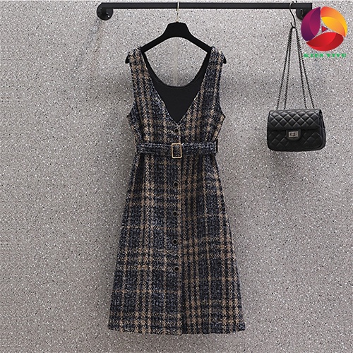 Váy Đầm Bigsize Sét Áo Len Kết Hợp Váy Dạ Kẻ Thắt Đai Thanh Lịch Thời ThượngHàng VNXK mã sp