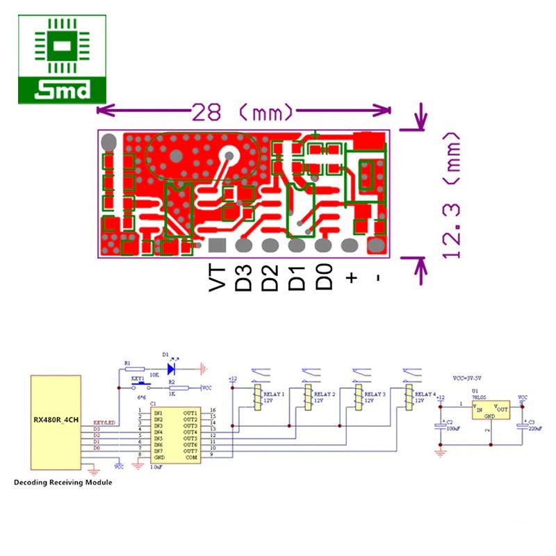 Mạch thu sóng RF học lệnh 433MHz RX480 4 kênh giải mã thay thế PT2262 2272 bộ điều khiển RF không dây từ xa