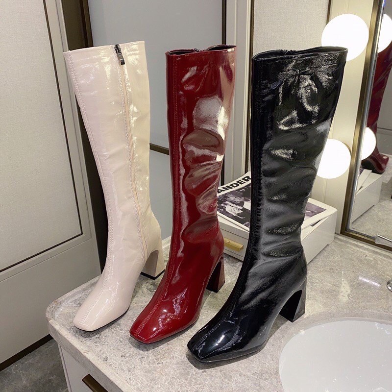 Bốt đùi nữ da bóng khóa cạnh, gót vân gỗ chìm 7 phân (mã 988 - DA BÓNG)(mã M65) | BigBuy360 - bigbuy360.vn