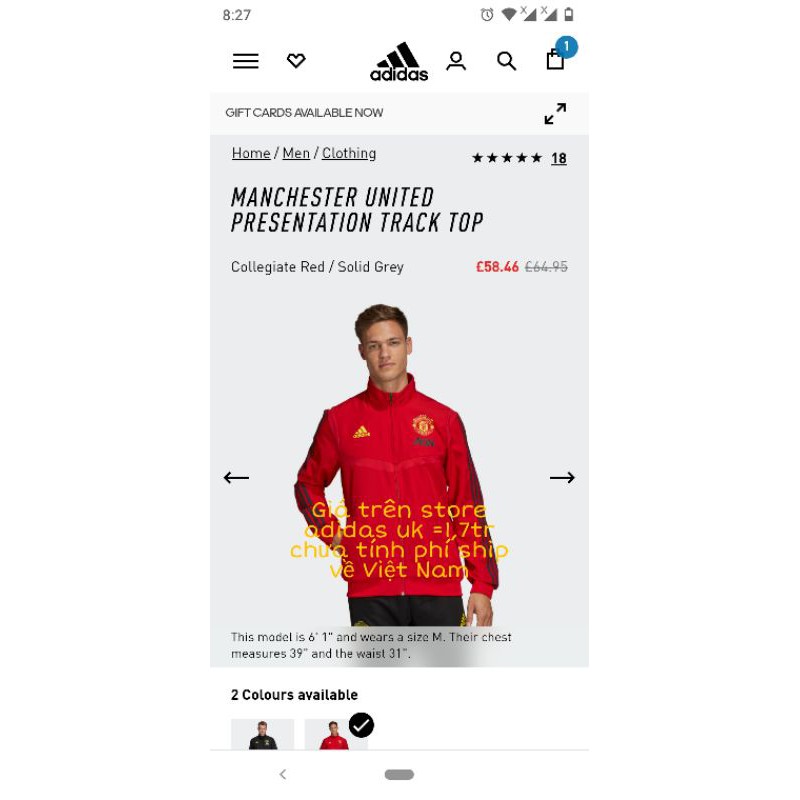 Áo khoác training đỏ CLB Manchester United 2019/2020 hàng chính hãng size L Âu