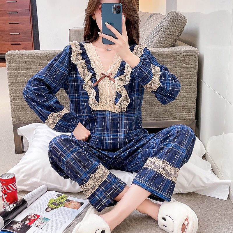 Bộ đồ ngủ công chúa tay dài ngọt ngào thời trang thu đông phong cách Hàn Quốc mới