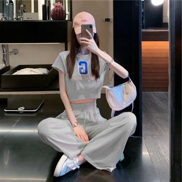 Summer leisure sports suit women's summer new open navel short top + two-piece set of high waist and wide leg pants