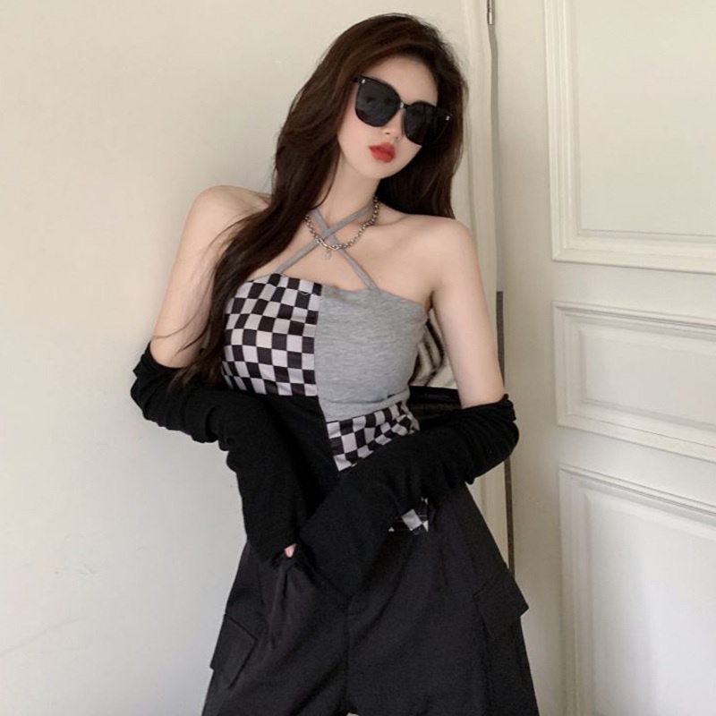 Áo croptop dệt kim không tay dáng ôm in họa tiết caro thời trang cho nữ