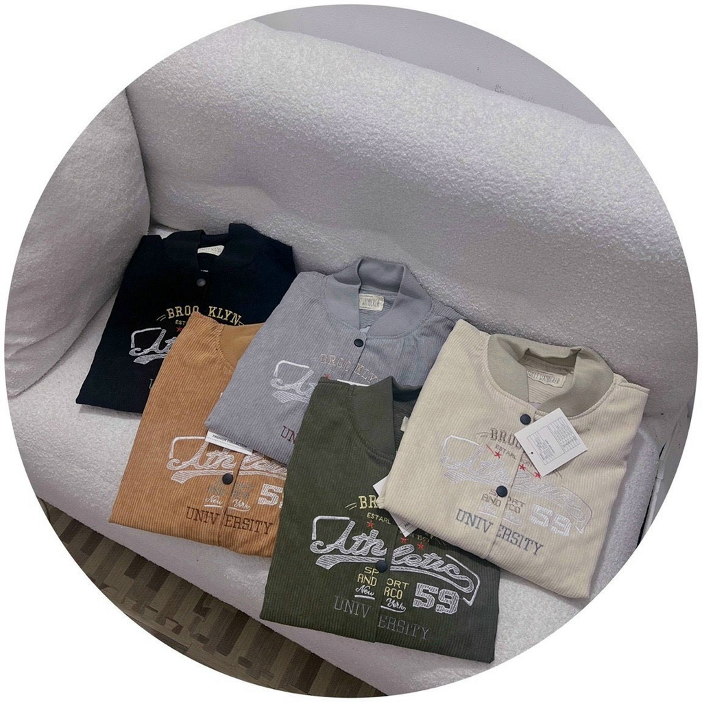 Áo Khoác Bomber Nhung Gân Nam Nữ Unisex Logo Thêu Chất 2 Lớp Dày Dặn Phong Cách Hàn Quốc (Athlatic))