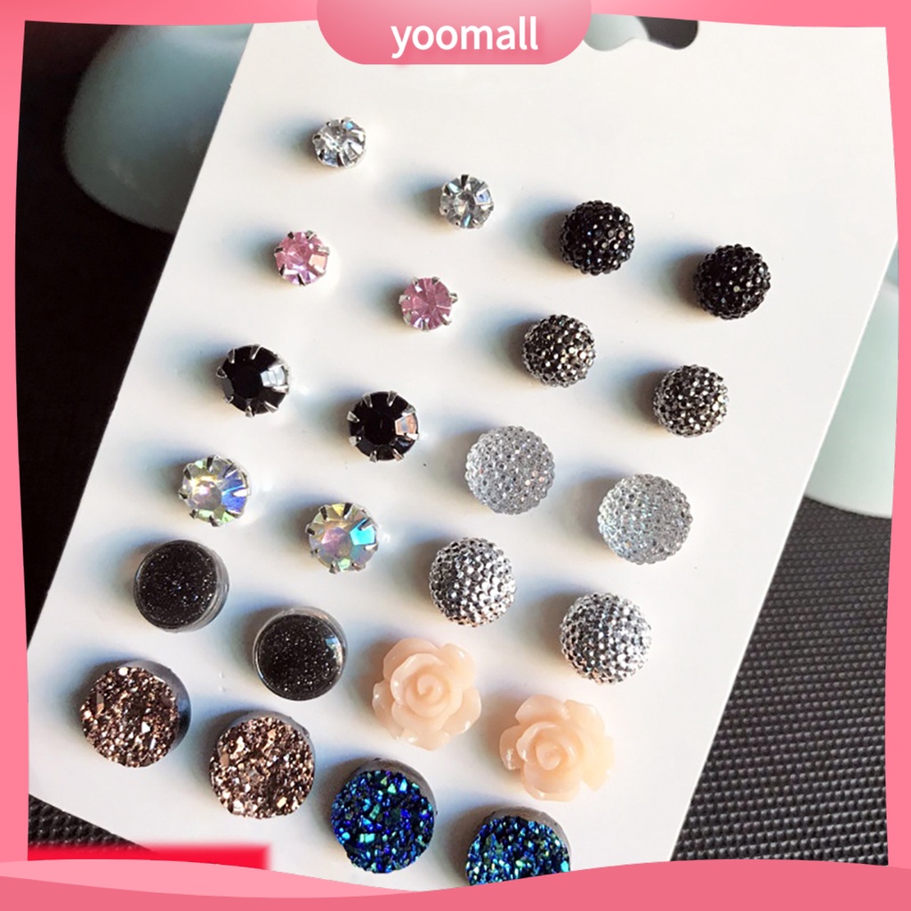 Set 12 Đôi Khuyên Tai Tròn Đính Đá Cho Nữ