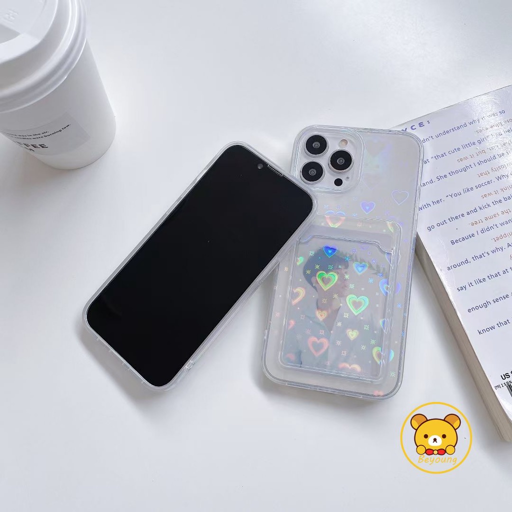 Ốp Điện Thoại Silicon Màu Laser Trong Suốt Họa Tiết Trái Tim Kèm Ngăn Đựng Thẻ Cho iPhone 11 13 12 Pro Max XS X XR 7 8 Plus