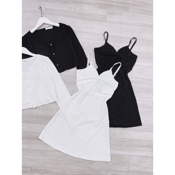 Set xốp váy xoắn mix cardigan rời