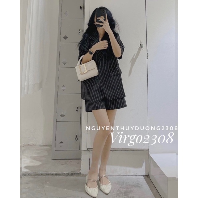 [Ảnh thật/Sẵn]Set vest kẻ sọc 4 cúc ngắn tay/Set blazer kẻ sọc ngắn tay