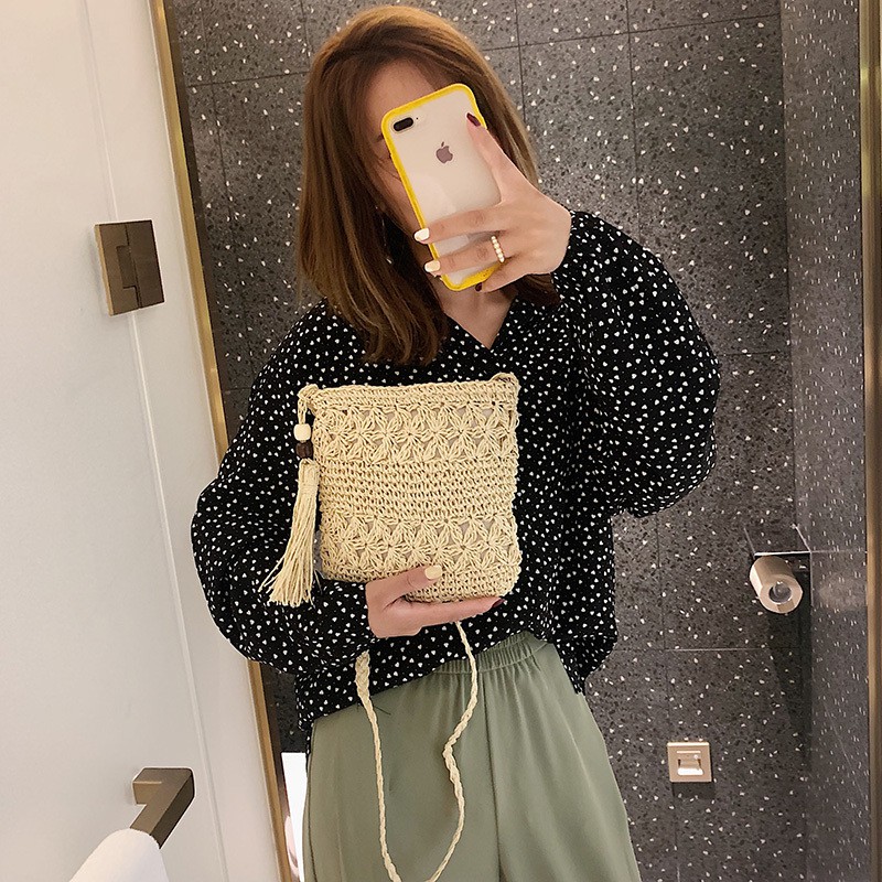 Túi cói Túi cói nữ mini đi biển kèm tua rua siêu xinh