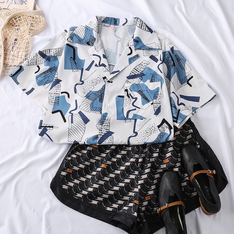 Áo chiffon ngắn tay họa tiết phong cách Retro thời trang cho nữ