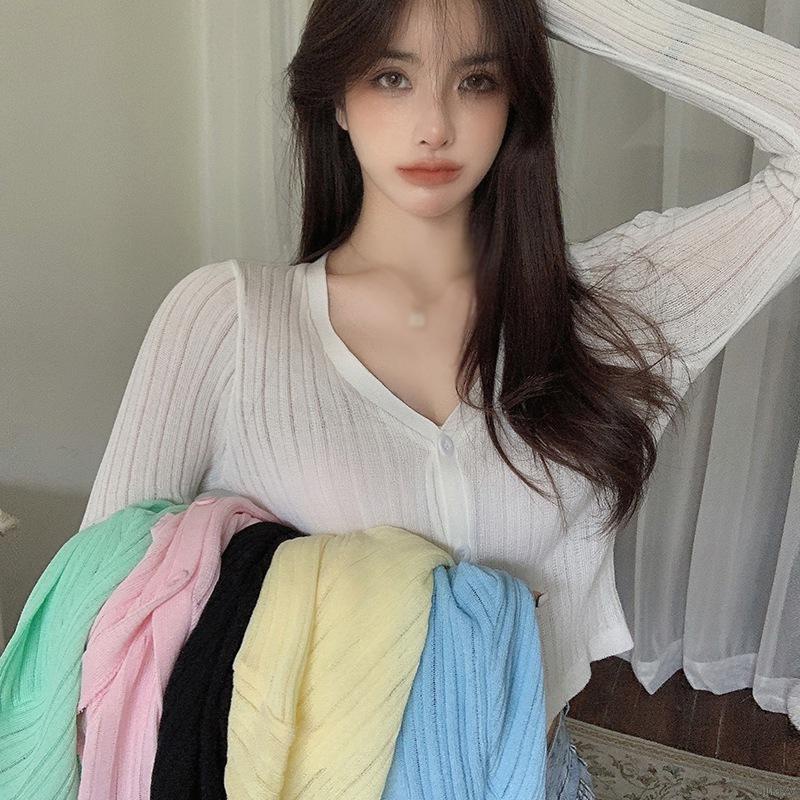 Áo Khoác Cardigan Dệt Kim Tay Dài Màu Trơn Phong Cách Hàn Quốc