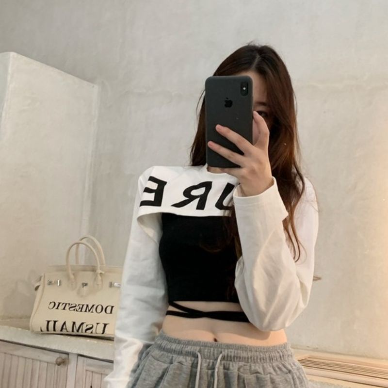 Sét 2 món Gồm áo 2 dây quấn bụng &amp; áo thun tay dài phối ngoài