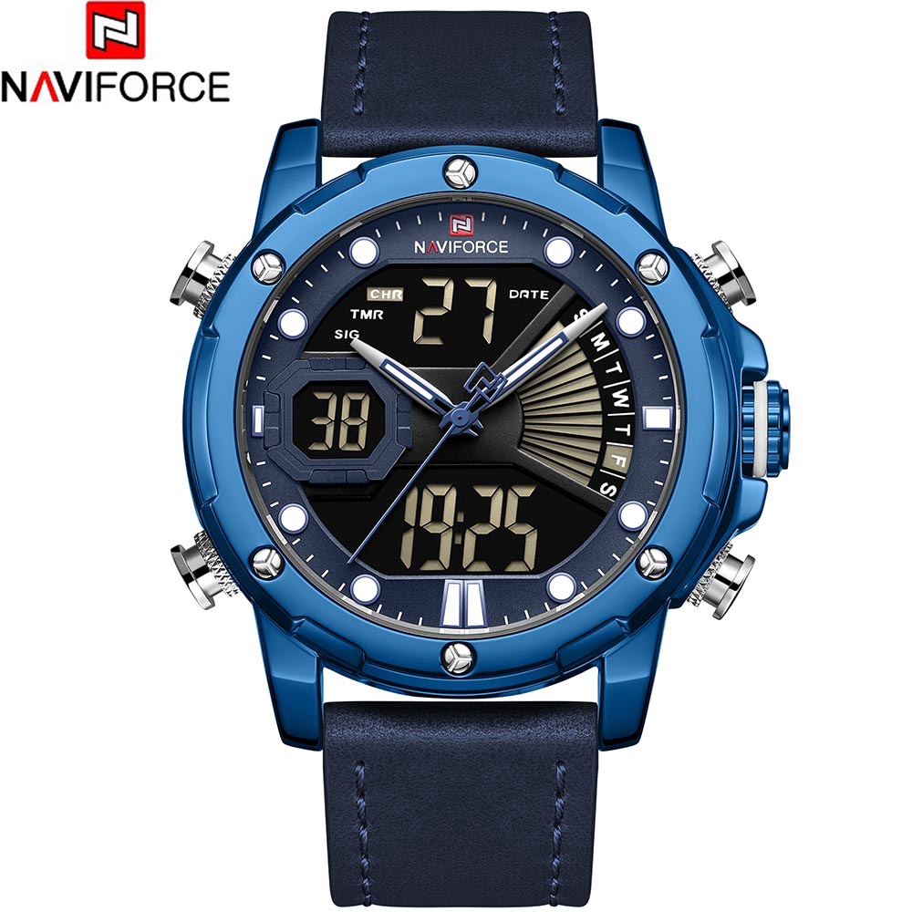 Đồng hồ kỹ thuật số analog NAVIFORCE NF9172 dây da phong cách thể thao cho nam