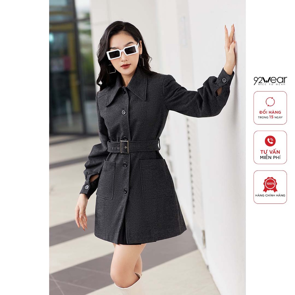 Áo khoác dạ nữ kèm đai 92WEAR, phong cách trẻ trung, dày dặn, ấm áp KDA1838