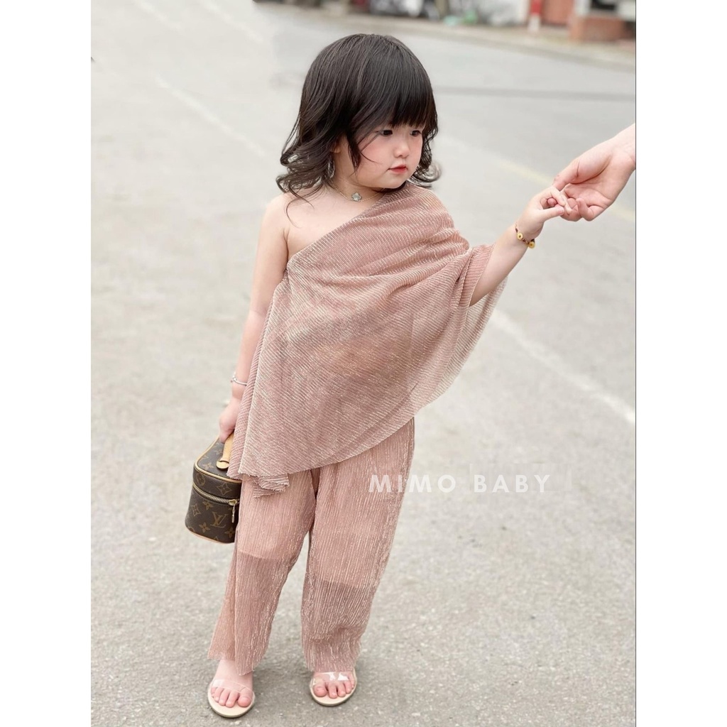 Set áo váy lệch vai voan nhũ dập ly đáng yêu cho bé gái Mimo baby QA20