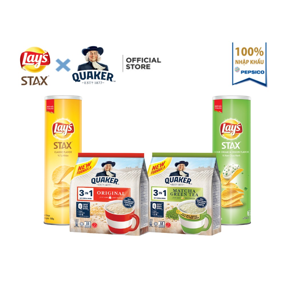 Combo:Yến mạch Quaker 3in1 Vị:Matcha 336g,Truyền Thống 420g &amp; Lay's Stax Khoai Tây Miếng:Tự Nhiên,Kem Chua Hành 160g/hộp