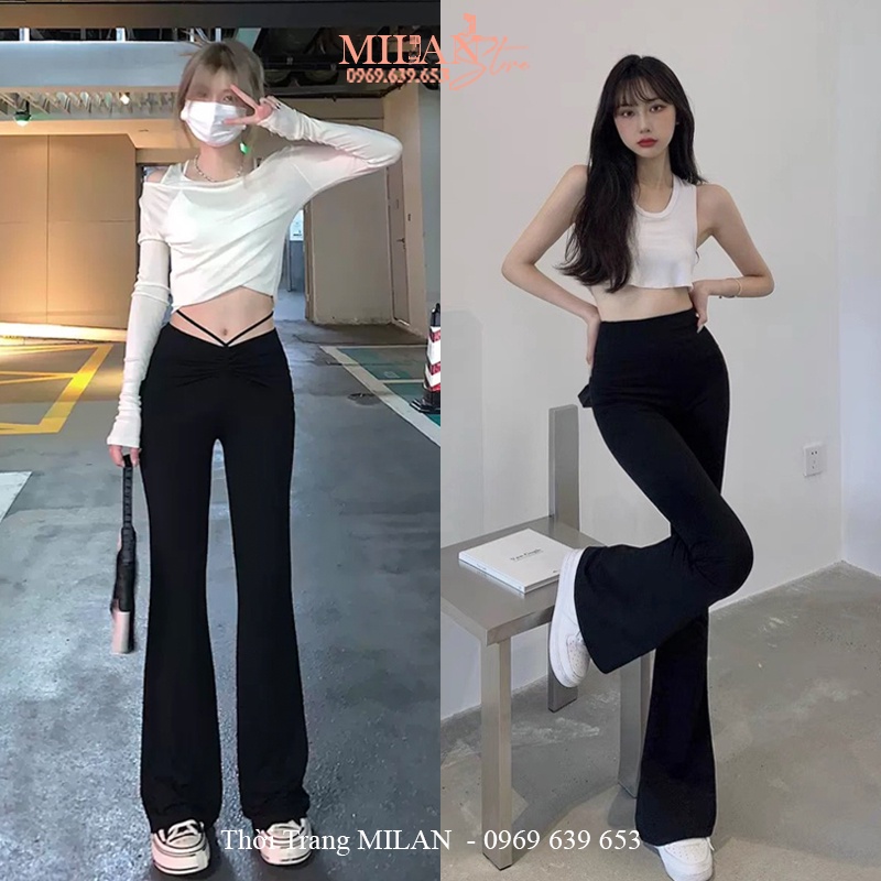 Quần ống loe nữ cạp lưng cao co giãn bigsize có dây eo dáng quần legging nữ ống loe rộng vải ôm body mặc công sở đi học