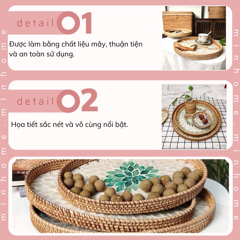 Khay mây tre đan khảm trai hình tròn cao cấp, đựng đồ đa năng hàng thủ công xuất khẩu Decor trang trí nhà Minhome
