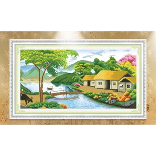 Tranh đính đá Phong Cảnh Làng Quê Lg1620 (100x55) chưa đính