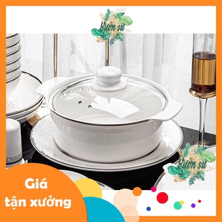 Bộ bát đĩa sứ xương 56 món viền đen hoa văn nổi cao cấp - VS46