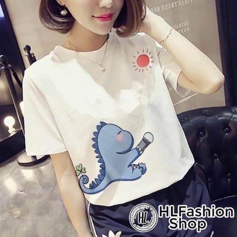 Áo phông nữ ⚡Free Ship⚡ Áo thun tay lỡ for rộng, áo thun in hình khủng long xinh dễ thương