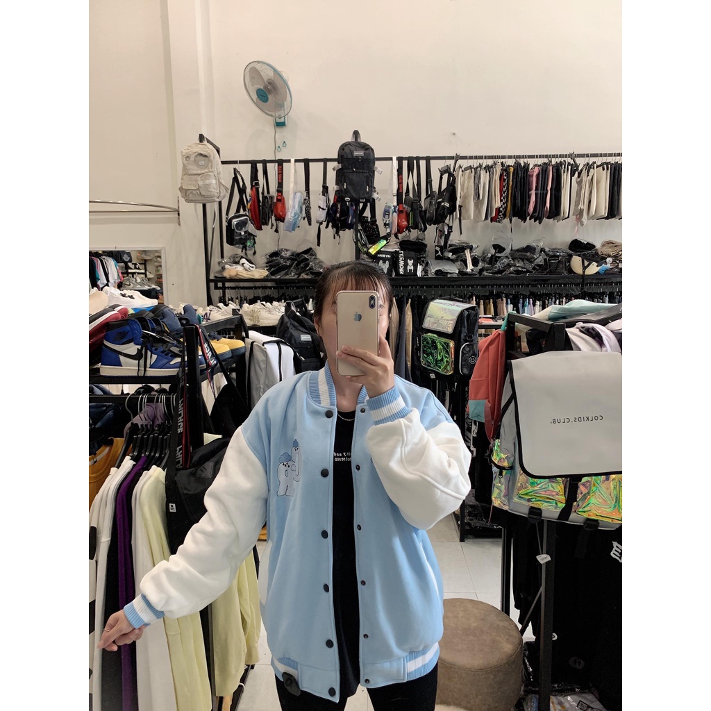 Áo khoác bomber nam nữ nỉ bông 2 lớp oversize form rộng áo bóng chày phối xanh thêu CR  unisex - Gin Store