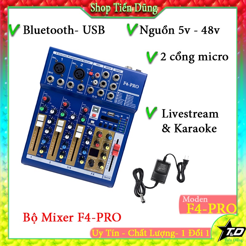 Bàn Trộn Kiêm Cục Đẩy Mixer F4 Pro Bản 2021 mới nâng cấp mixer F4 hỗ trợ bluetooth nguồn 5v 48v cho các dòng mic thu âm