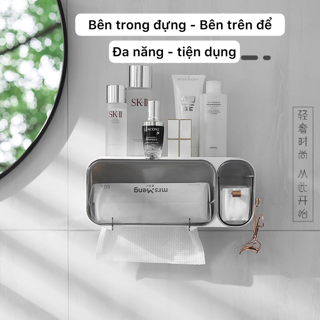 Kệ mỹ phẩm dán tường nhà vệ sinh kèm móc treo đa năng / ngăn kéo đựng bông tẩy trang / hộp đựng giấy rửa mặt