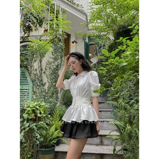 Áo sơ mi nữ gu phối đai eo cúc ngọc mix vải gấm mềm mịn helen.official