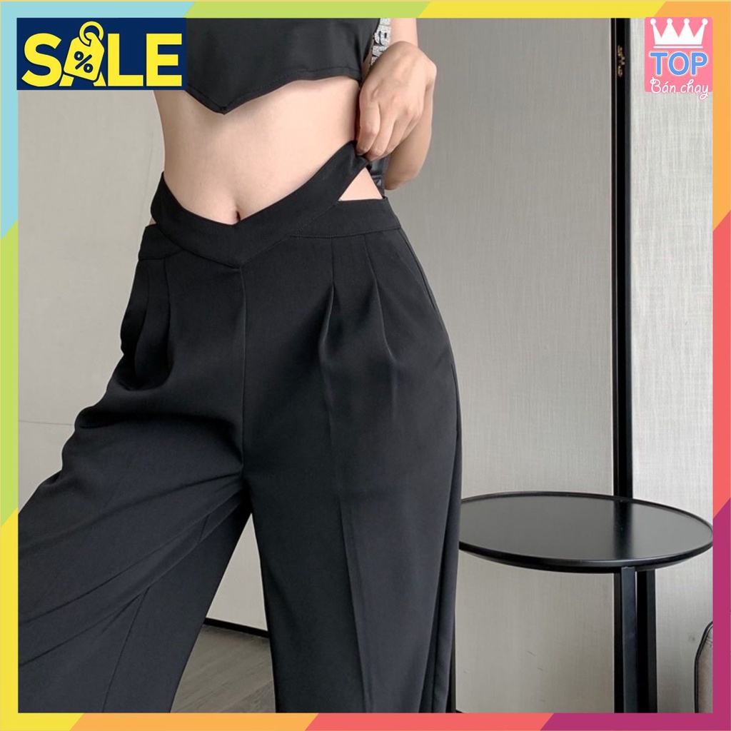[BAO CHẤT] Quần ống rộng lưng cao cạp chữ V KH145, quần suông nữ 2 cạp hở eo cao cấp