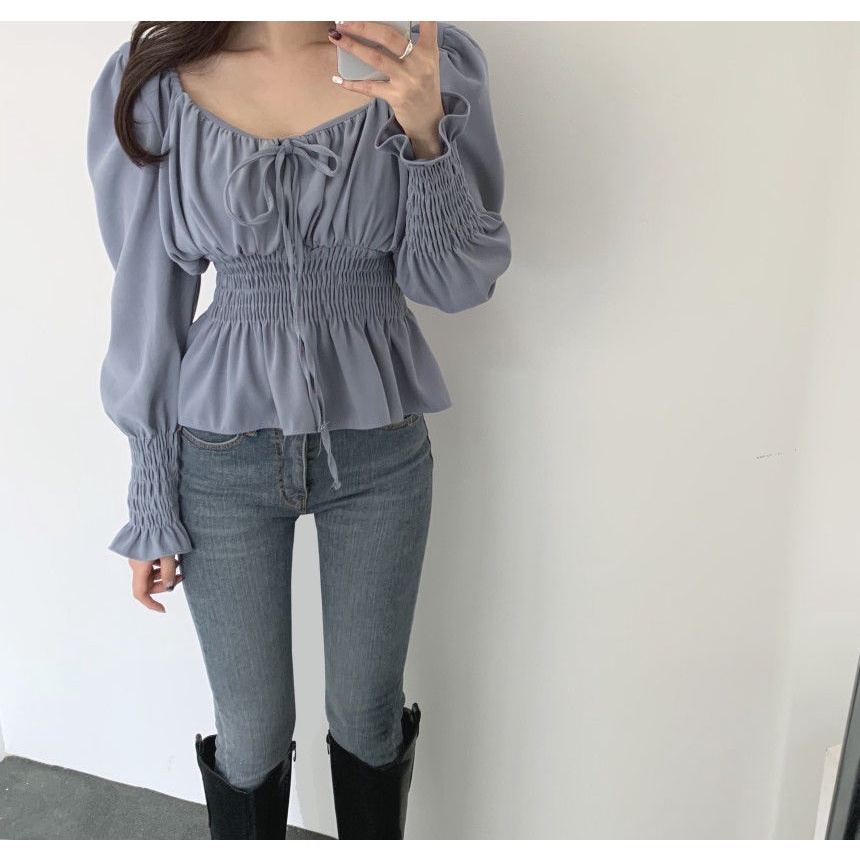 COZOK Áo Sơ Mi Tay Dài Cổ Vuông Nhấn Eo Phong Cách Retro Nữ Tính