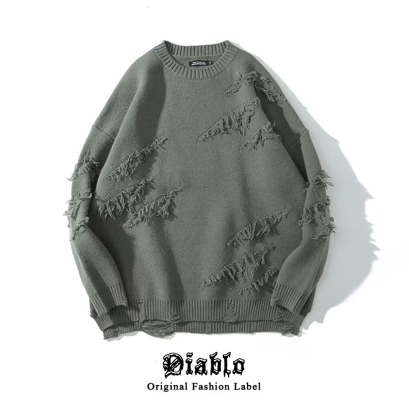 Áo Sweater Dệt Kim Tay Dài Cổ Tròn Màu Trơn Phối Rách Kiểu Đường Phố Hàn Quốc Thời Trang Cho Nam