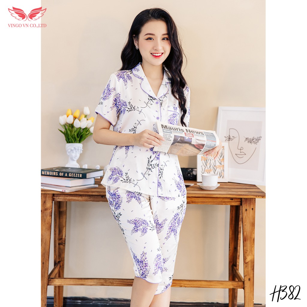 Đồ bộ nữ Pijama mặc nhà VINGO lụa Pháp cao cấp tay xộc quần lửng mùa Hè hoa Lavender tím nền trắng nhã nhặn H382 VNGO