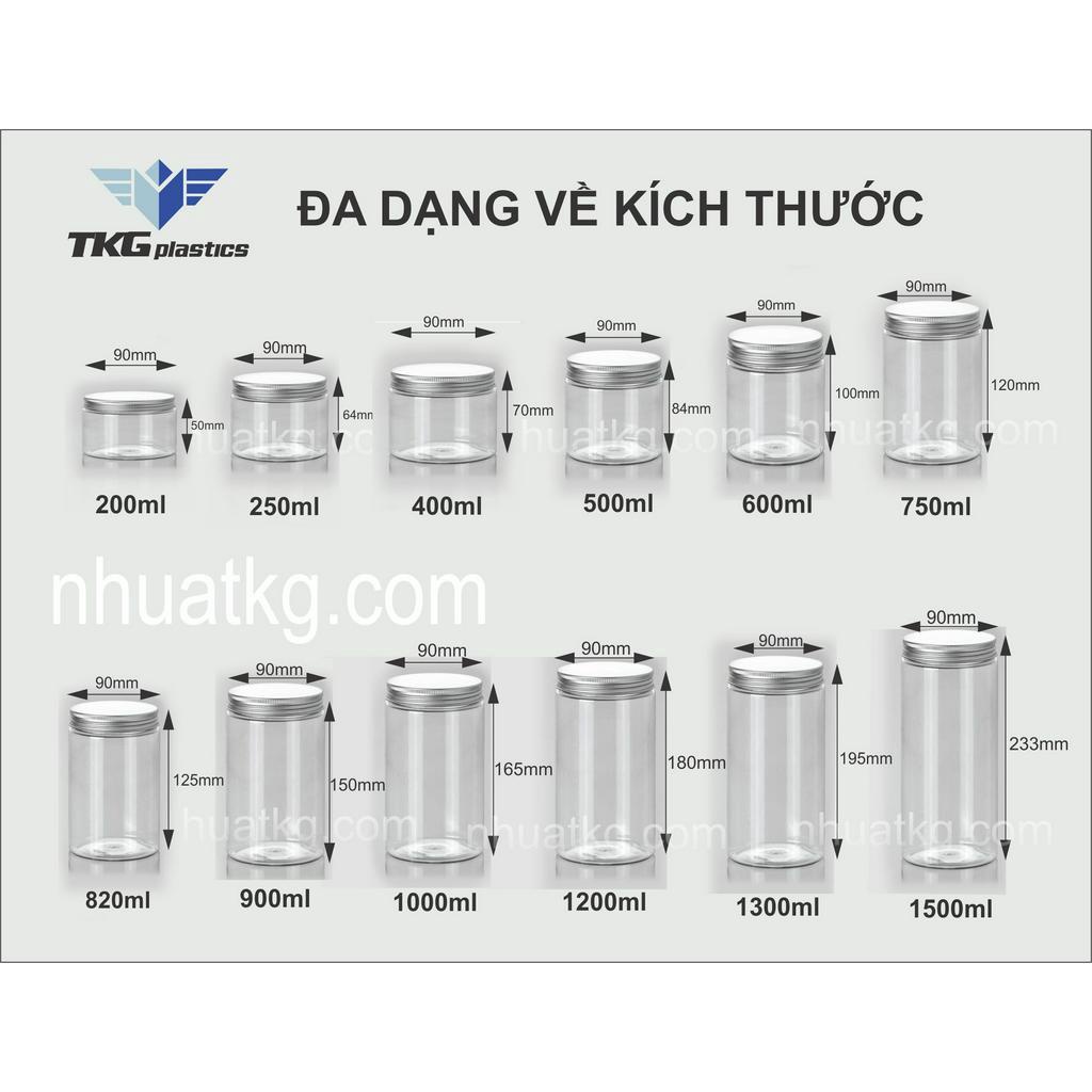 Hộp Nhựa, Hũ Nhựa Pet Nắp Nhôm Đựng Thực Phẩm, Đồ Khô, Ngũ Cốc 200 250 400 500 600 750 820 900 1000 1200 1300 1500ml