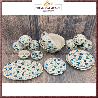 Bộ bát đĩa bộ tô chén dĩa gốm sứ Bát Tràng họa tiết cỏ bốn lá vẽ tay thủ công