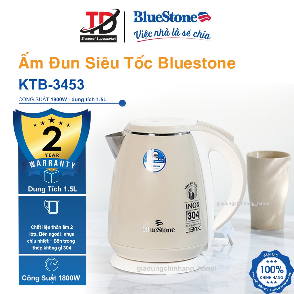 [Mã ELHAMS5 giảm 6% đơn 300K] Ấm Đun Siêu Tốc Bluestone 1.5 lít KTB-3453, Inox 304 An Toàn , Bảo hành chính hãng 2 năm