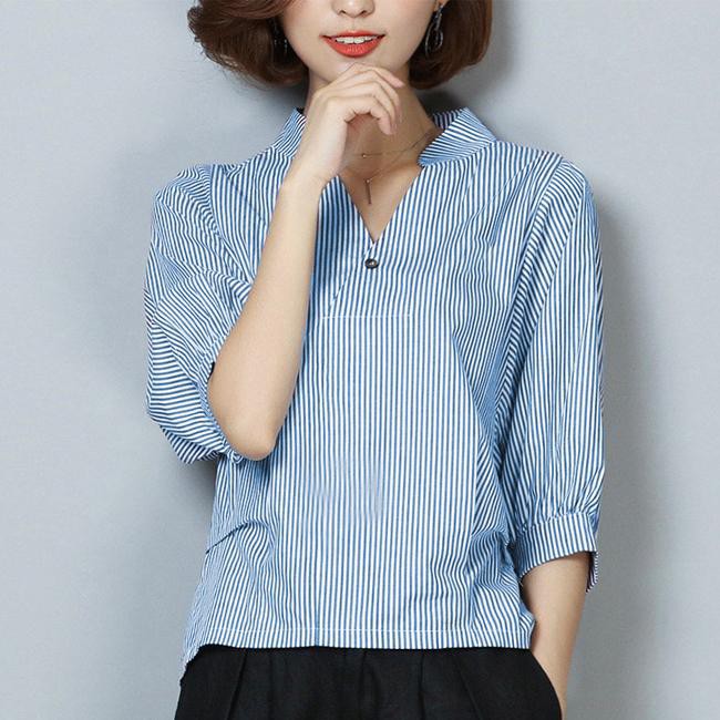 Áo Sọc Cổ Trụ Nút Sau Cách Điệu-AO11